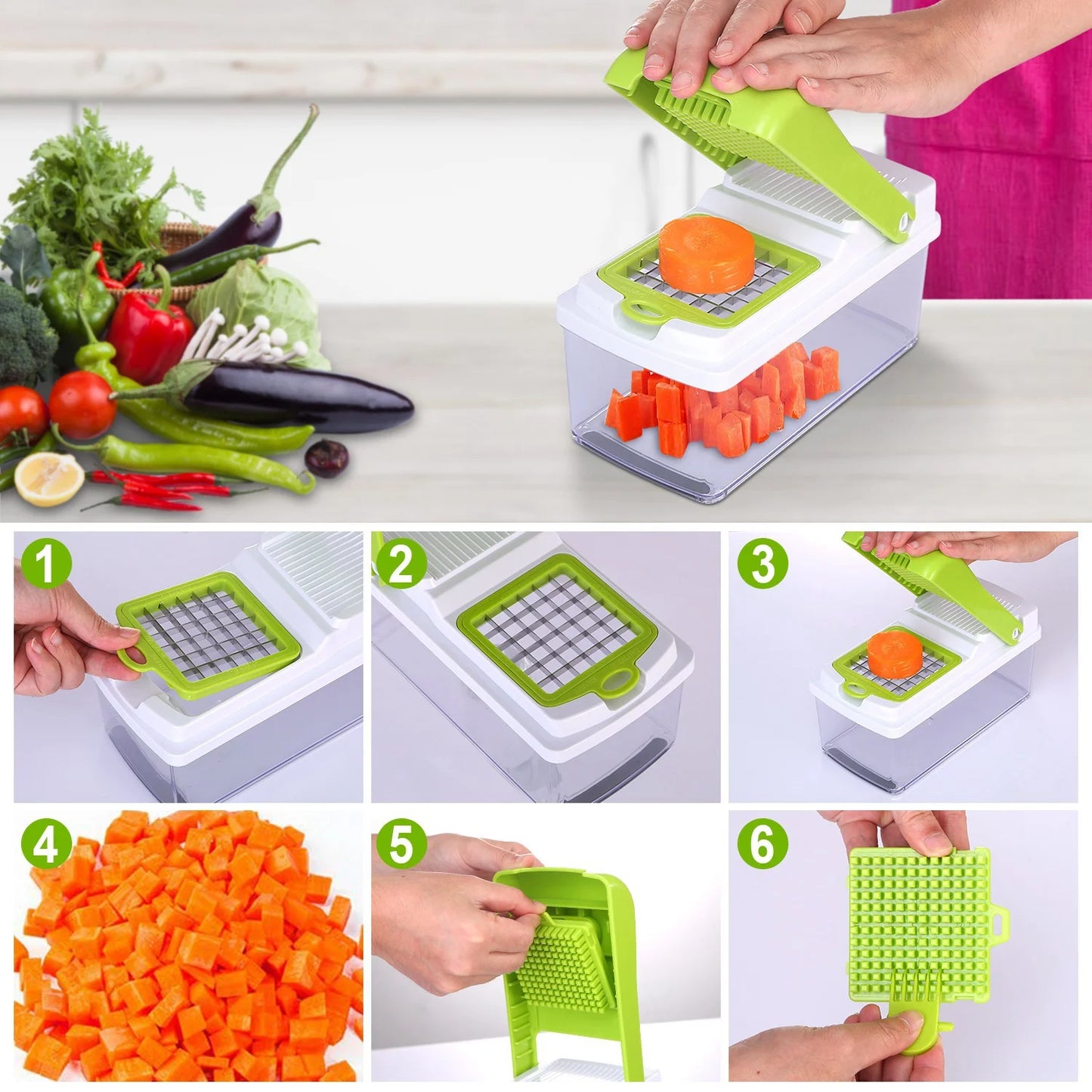 Multifunctional Vegetable Chopper and Slicer, Vegetable Chopper, Onion Chopper, with 3 Blades for Cutting Tomato Potato