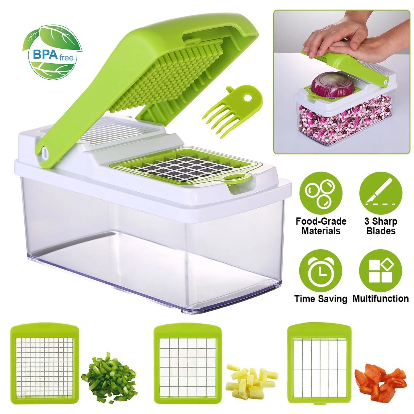Multifunctional Vegetable Chopper and Slicer, Vegetable Chopper, Onion Chopper, with 3 Blades for Cutting Tomato Potato